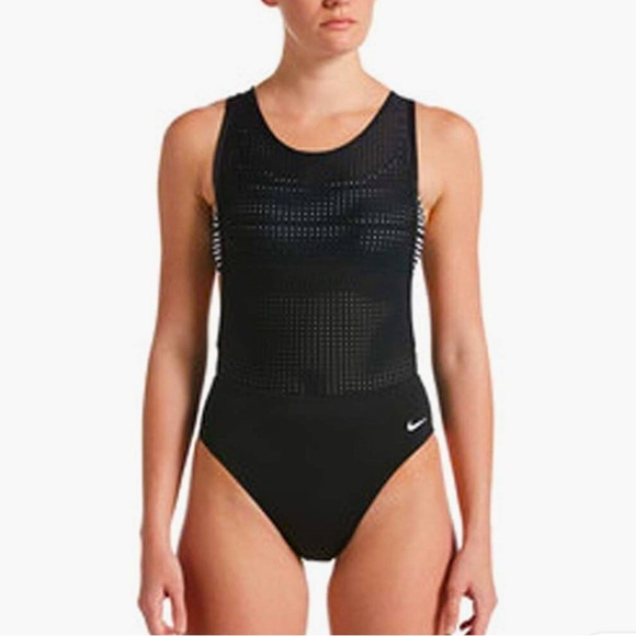 NIKE Woman’s Sport Mesh Convertible Layered One-Piece Swimsuit - Blk/Wht Sz Med - Picture 1 of 5
